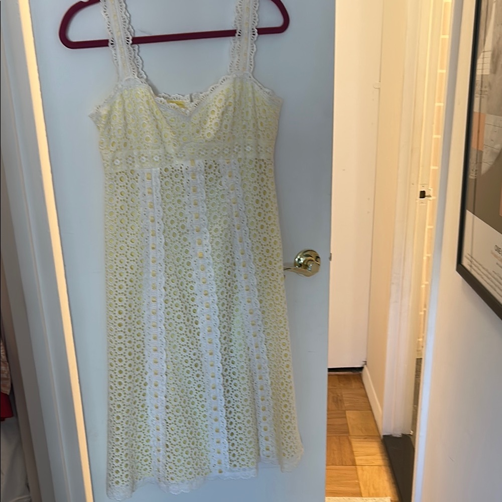 Beautiful Nanette, Lepore, white and pale yellow dress.